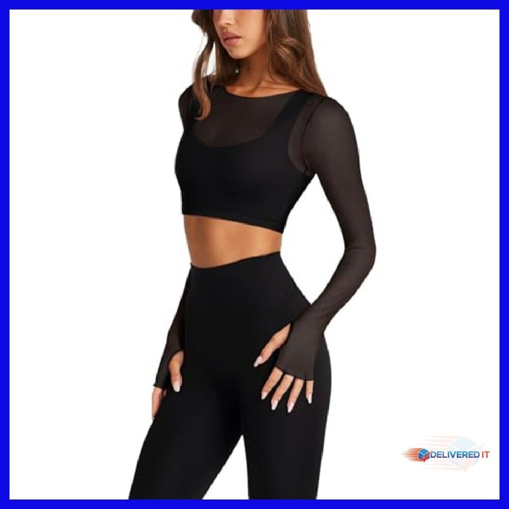 Mesh Long Sleeve Crop Top Double Lined Built-in Bra Workout Shirt - Picture 3 of 7